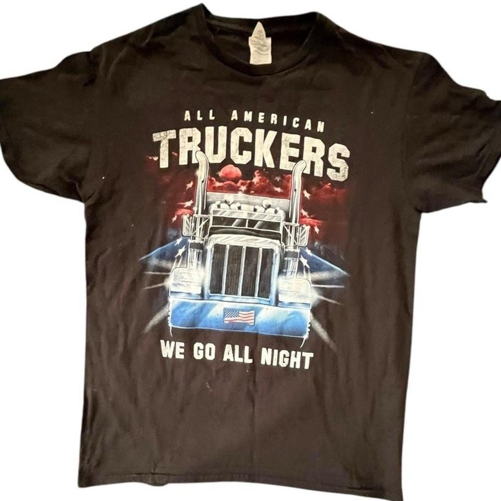 Black graphic trucker tee with "We Go All Night" design